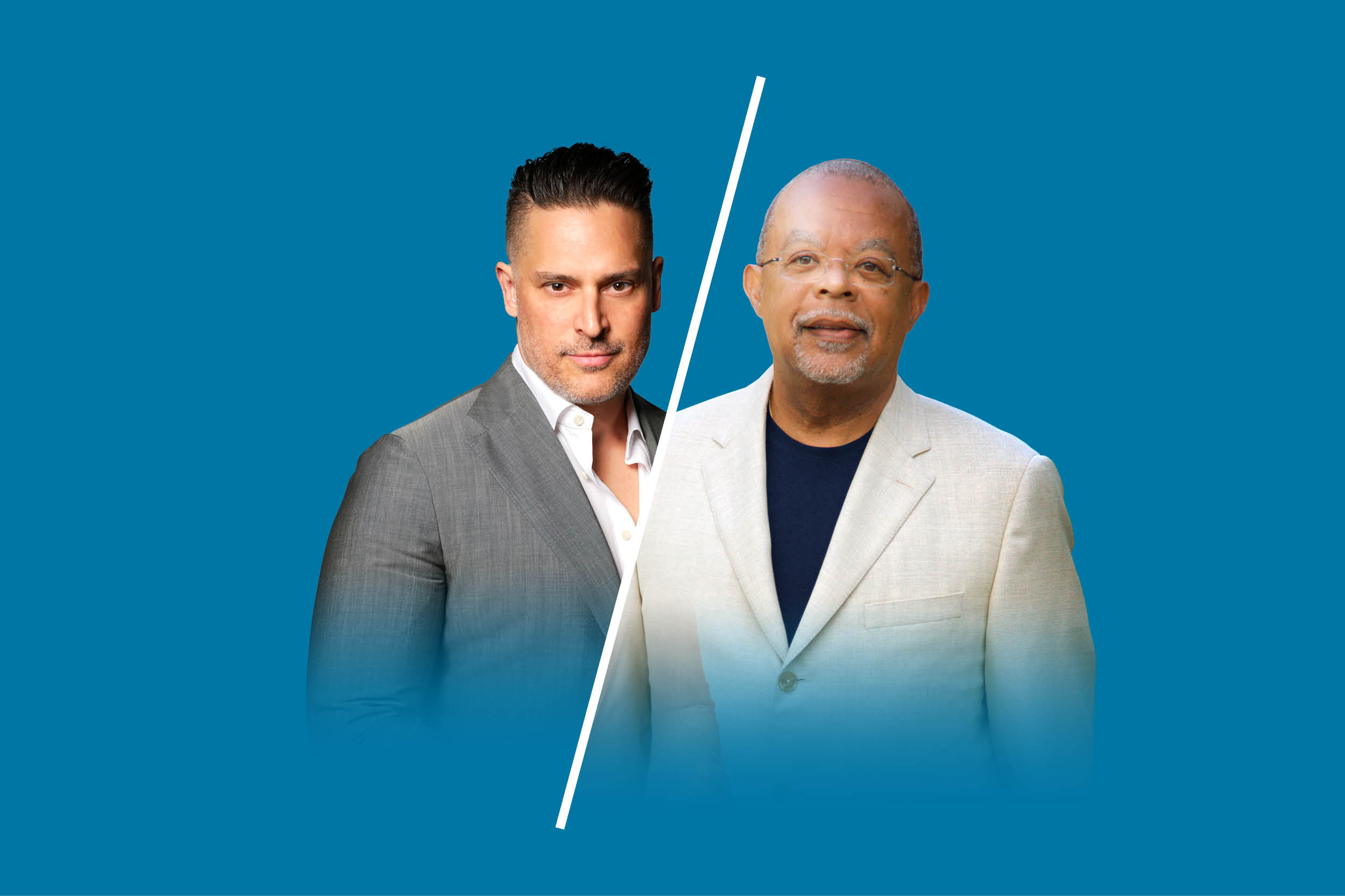 A design of Joe Manganiello and Henry Louis Gates on a blue background